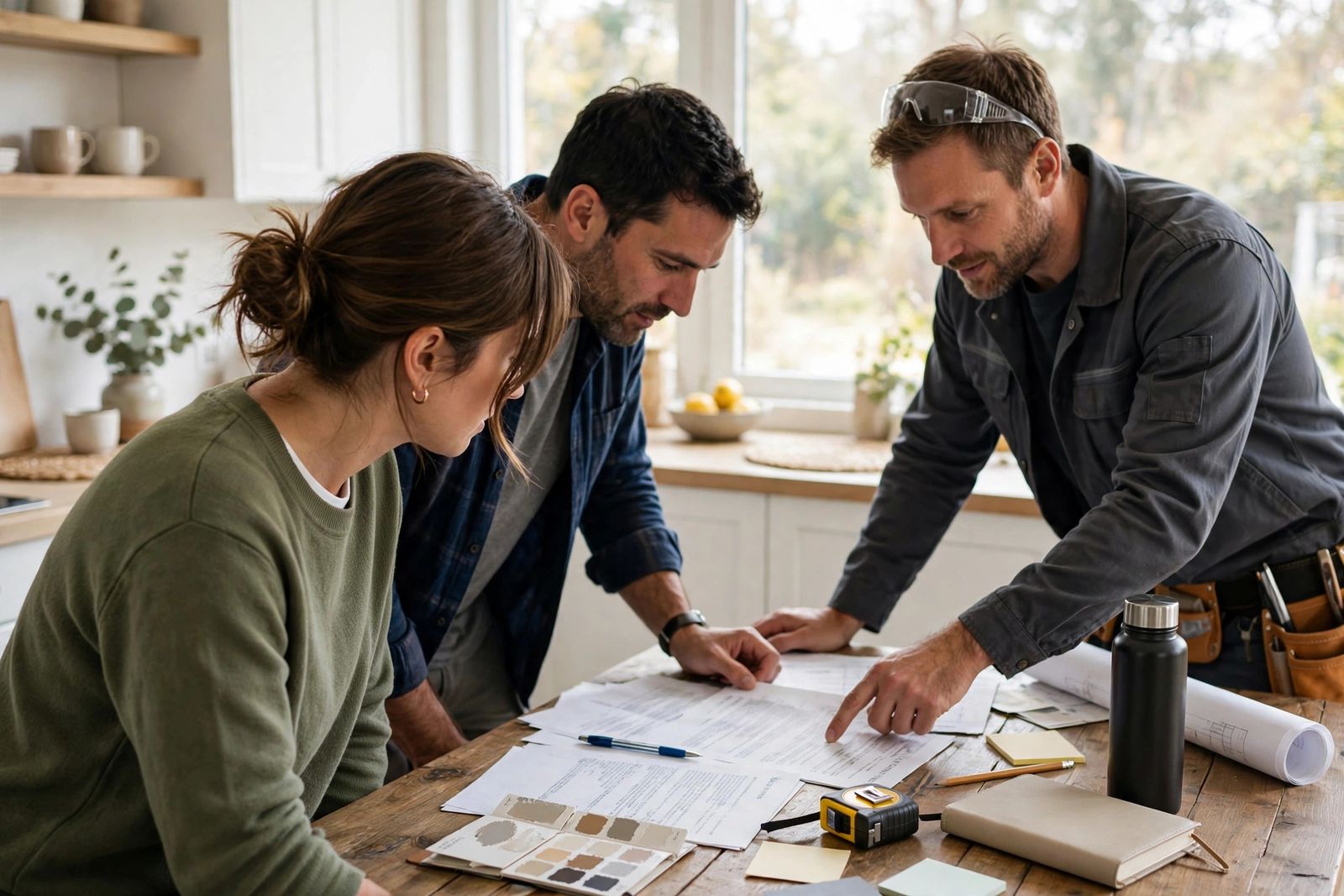 Homeowner couple reviewing project documents with a contractor