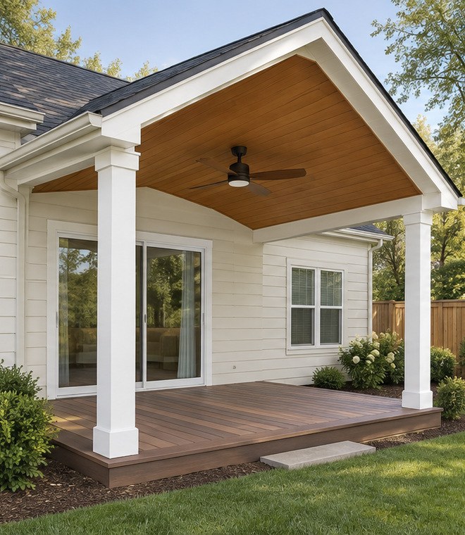 Covered porch with a wood ceiling, a design concept