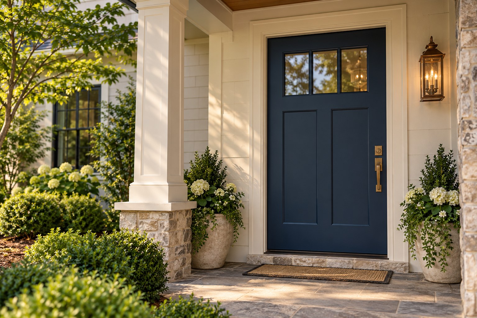 Navy entry door with bronze hardware, a design concept