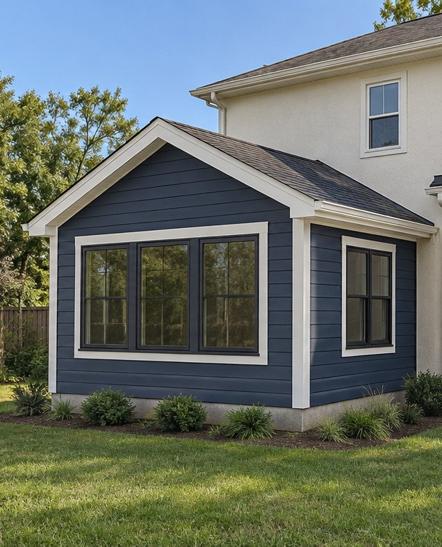 Room addition with coordinated navy siding, a design concept